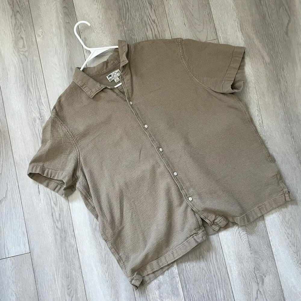J.Crew Textured Shirt cotton camp collar button up mens Tan large classic preppy
